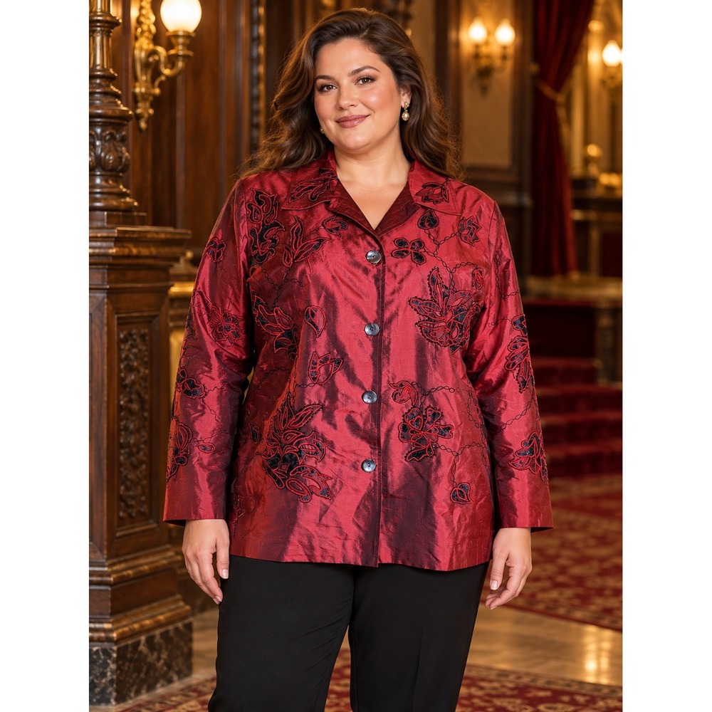 640. Retro Chic Red Silk Blend Embroidered Floral Applique Jacket Plus 2X